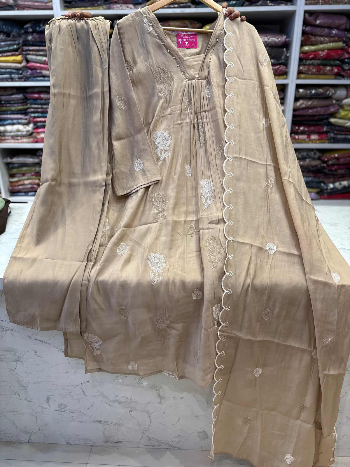 Beige Pure Silk Embroidery Kurti With Pant and Scallop Cutwork dupatta -HSC1204