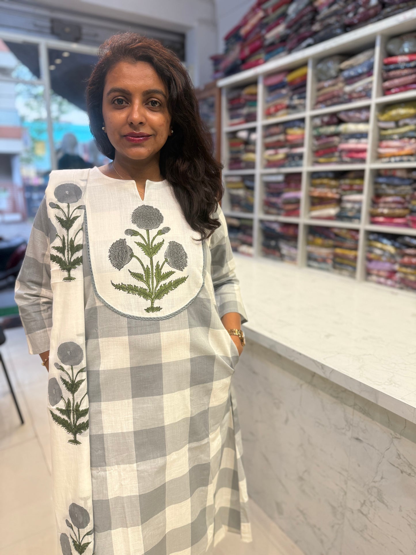 Grey Checks Pure Cotton Kurti With Pant and Dupatta