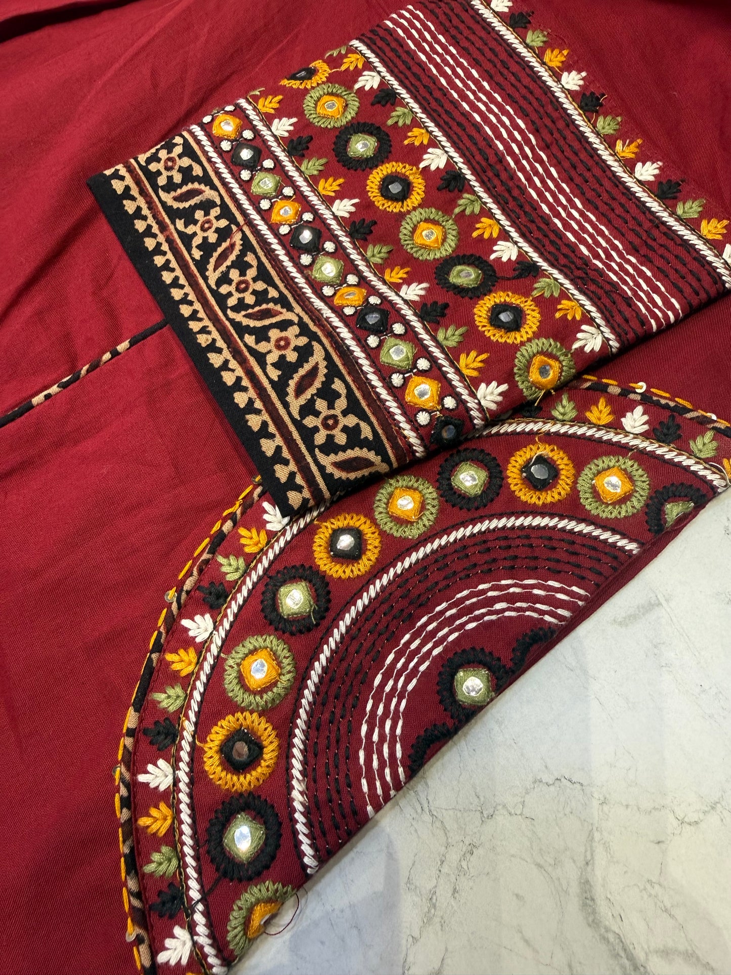 Two sides Pockets Marron Embroidered Cotton Kurti With Pant-HSC76