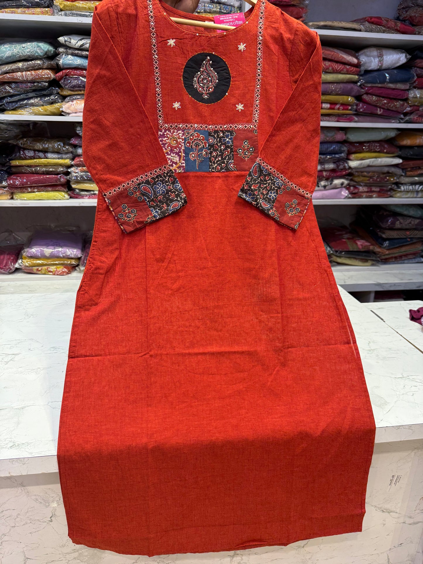 Premium Rust Orange Pure Cotton Embroidered Kurti - HSC1167