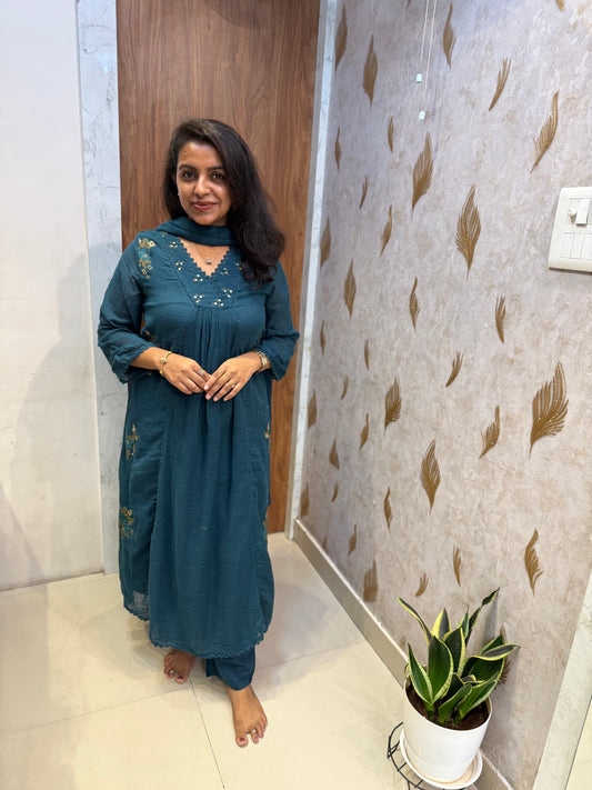 Peacock Blue Mul Cotton Embroidered Kurti With Pant and Dupatta -HSC1320