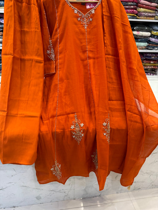 Rust Orange Hand Embroidery Kurti With Pant and Dupatta -HSC1273