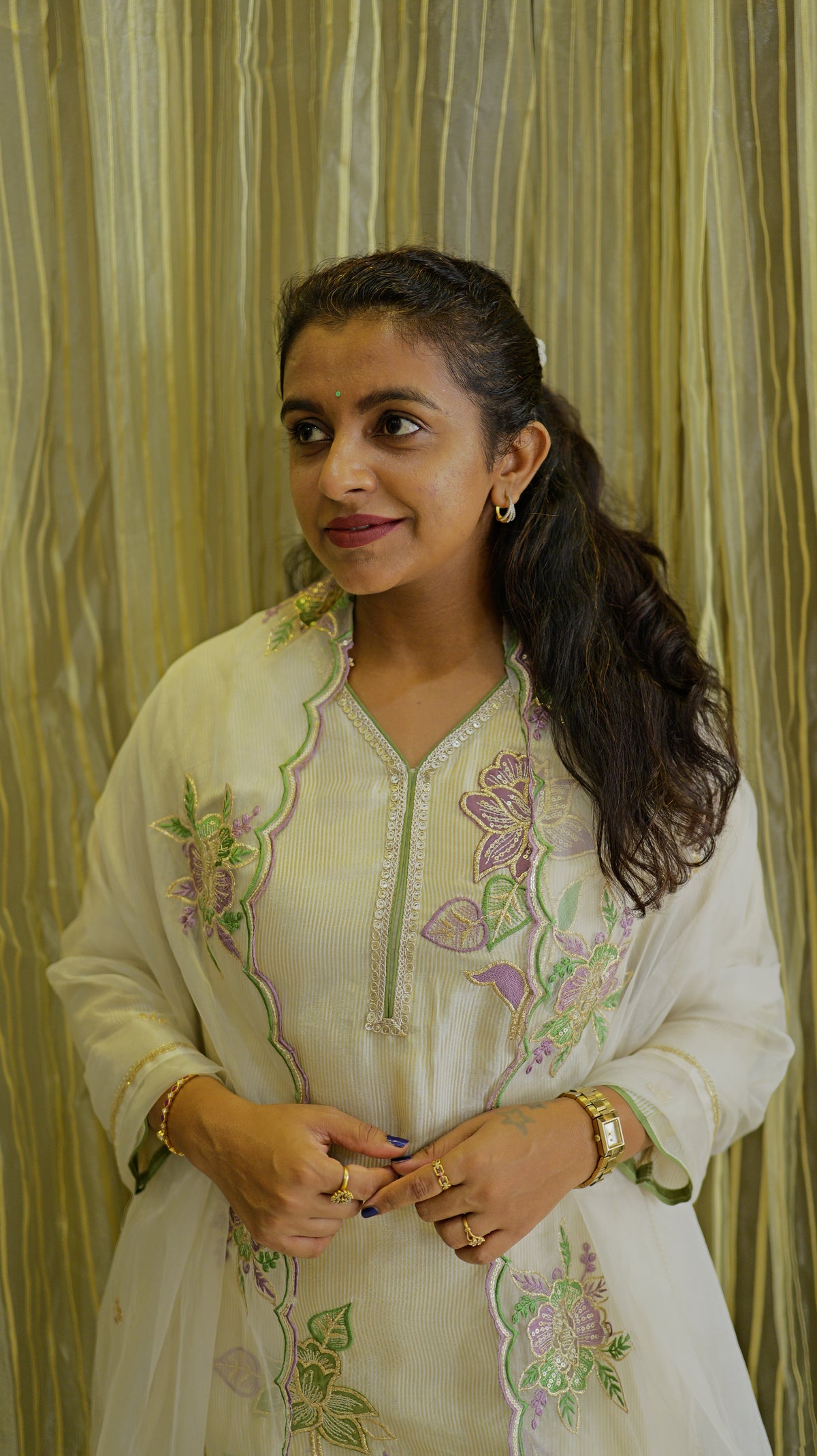White Tissue Silk Kurti With Pant and Dupatta -HSC1245