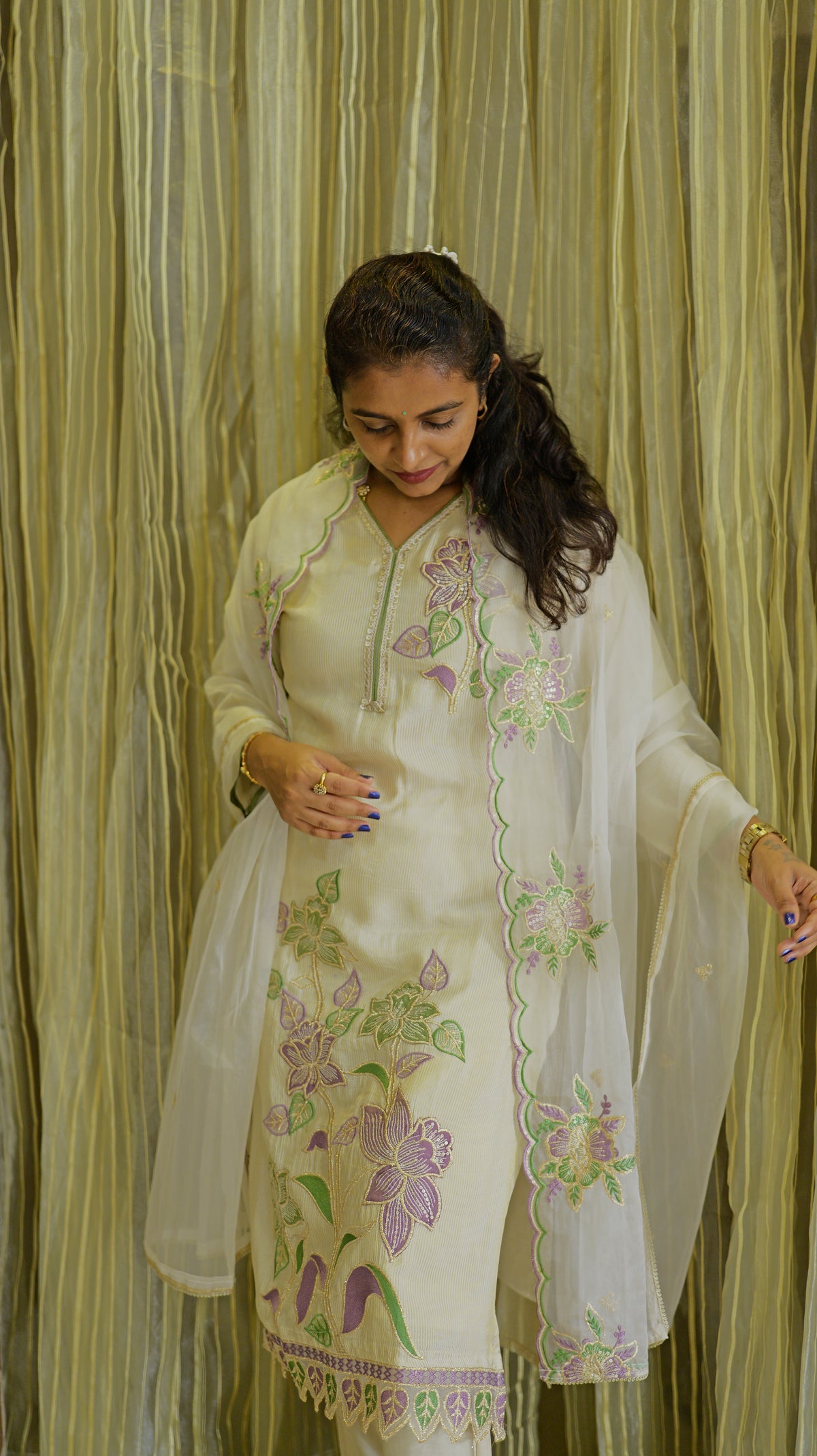 White Tissue Silk Kurti With Pant and Dupatta -HSC1245
