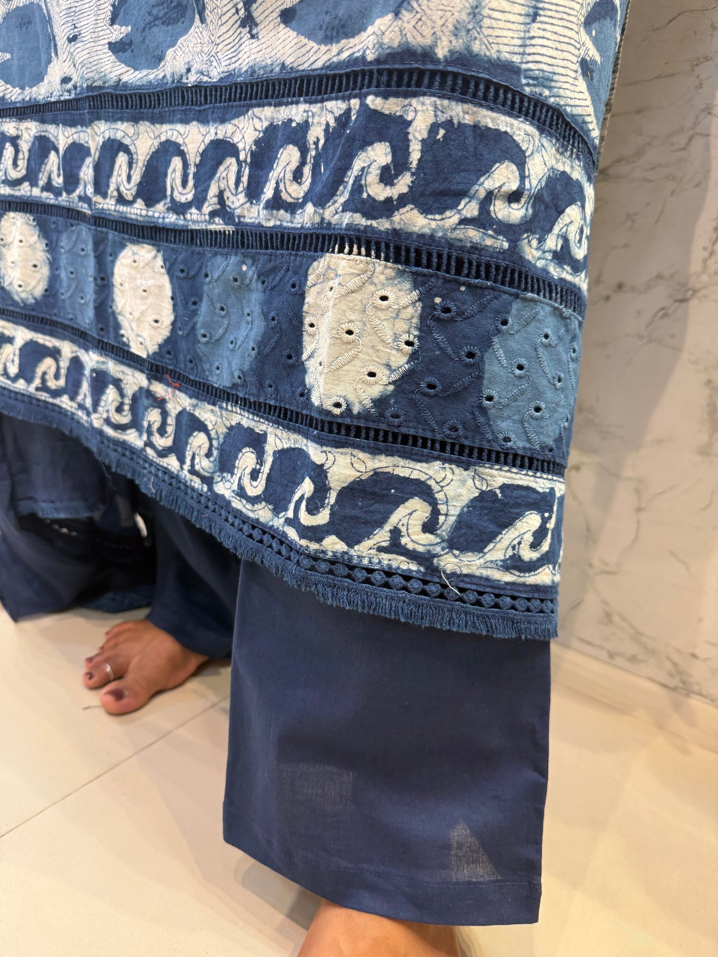 Indigo Pure Cotton With Lace detail Kurti With Pant and Dupatta