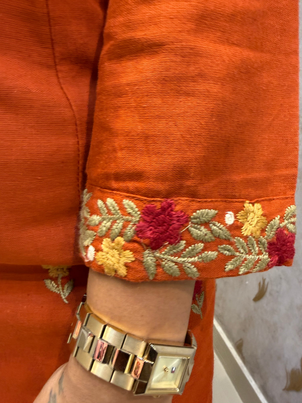 Rust Pure Cotton Embroidered Kurti with Pant and Dupatta -HSC1310