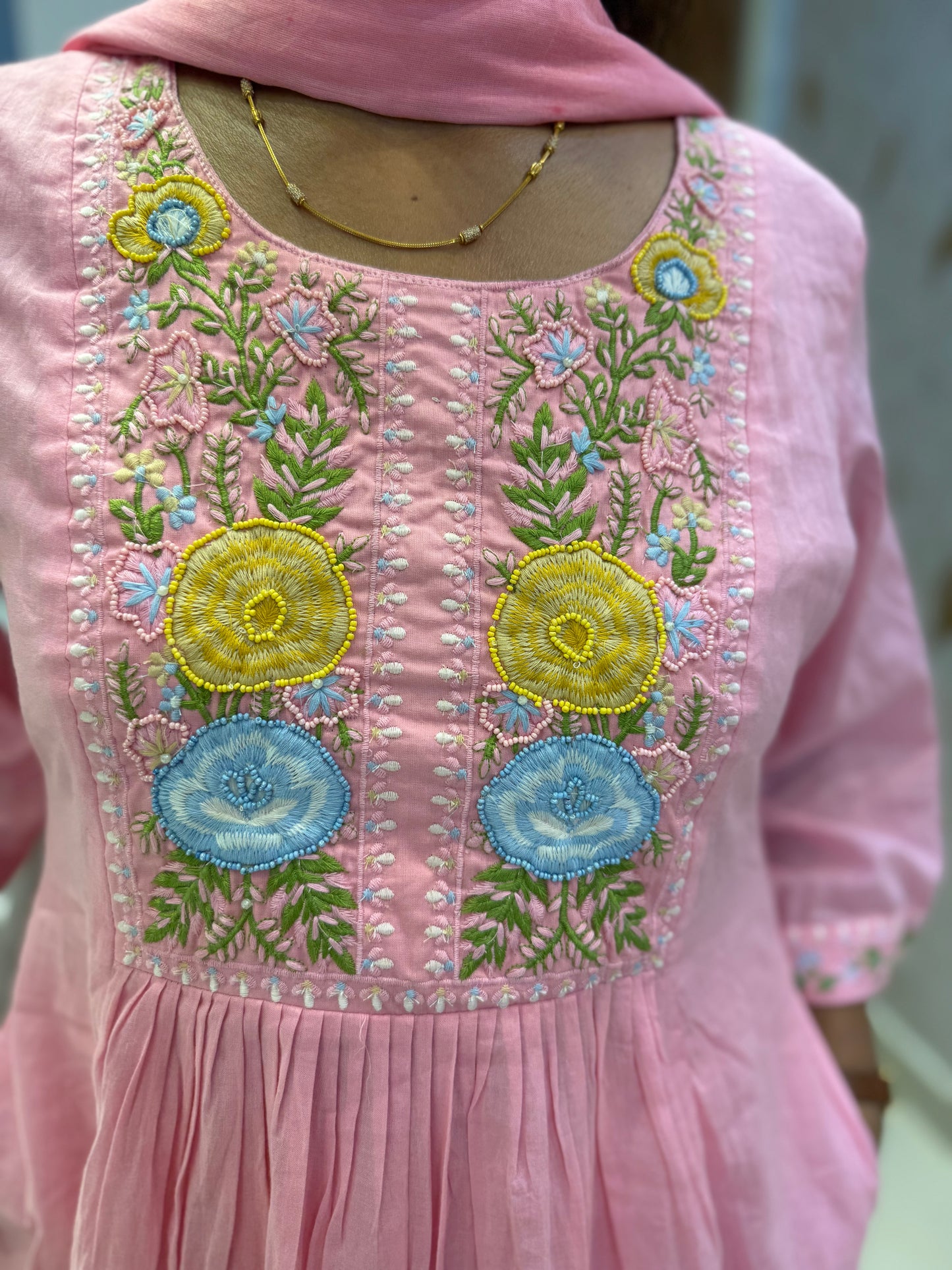 Baby Pink Pure Mul Cotton Embroidered Kurti With Pant and Dupatta-HSC133