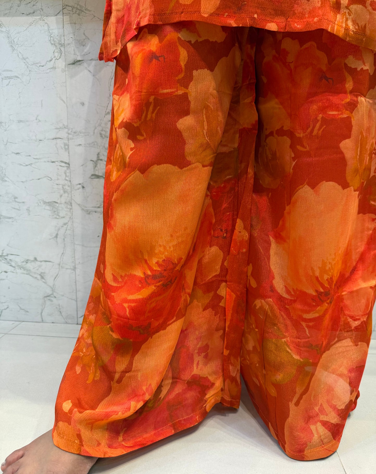 Orange Floral Pure Chinnon Kurti With Pant-HSC88
