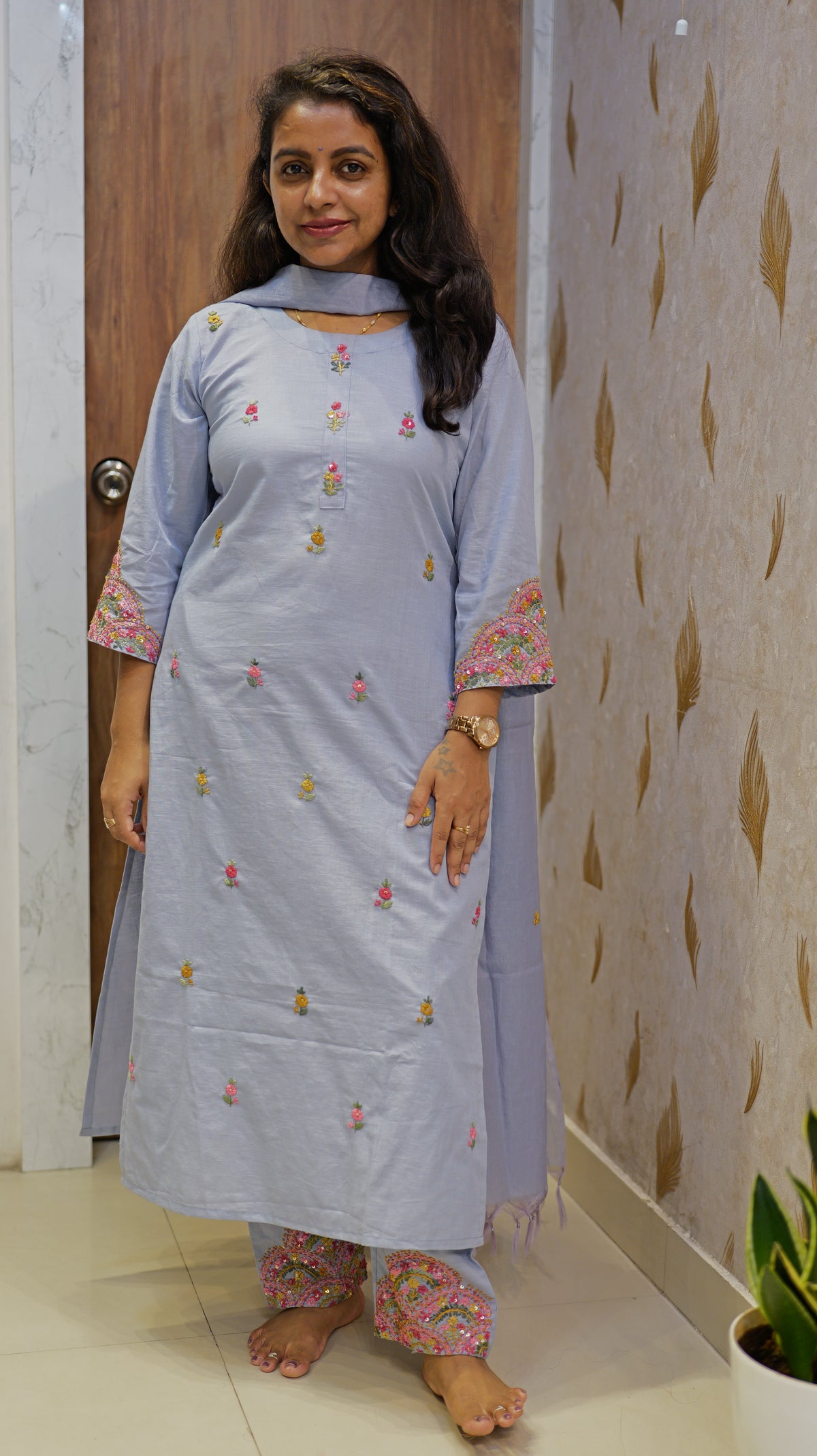 Blue Hand Embroidery Pure Cotton Kurti With Pant and Dupatta -HSC1292