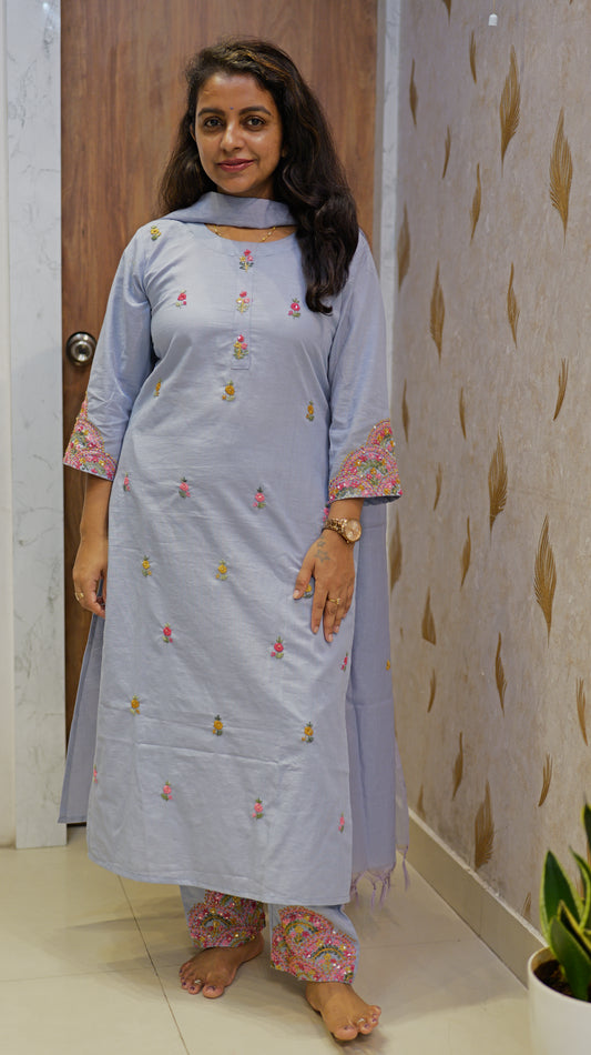 Blue Hand Embroidery Pure Cotton Kurti With Pant and Dupatta -HSC1292