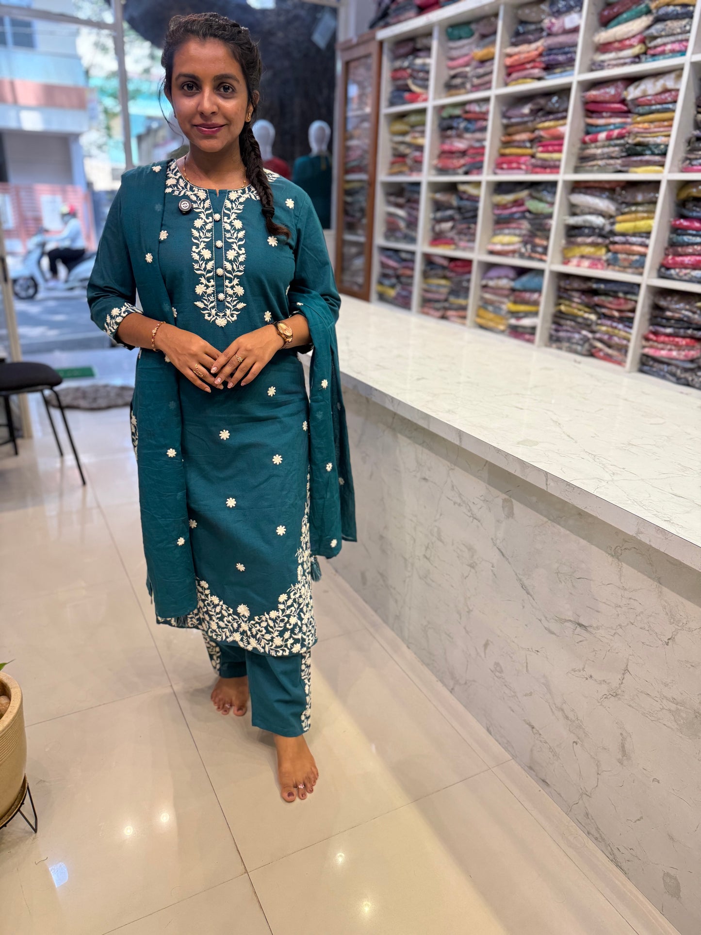 Rama Green Cotton Flex Embroidery Kurti With Pant and Dupatta-HSC141