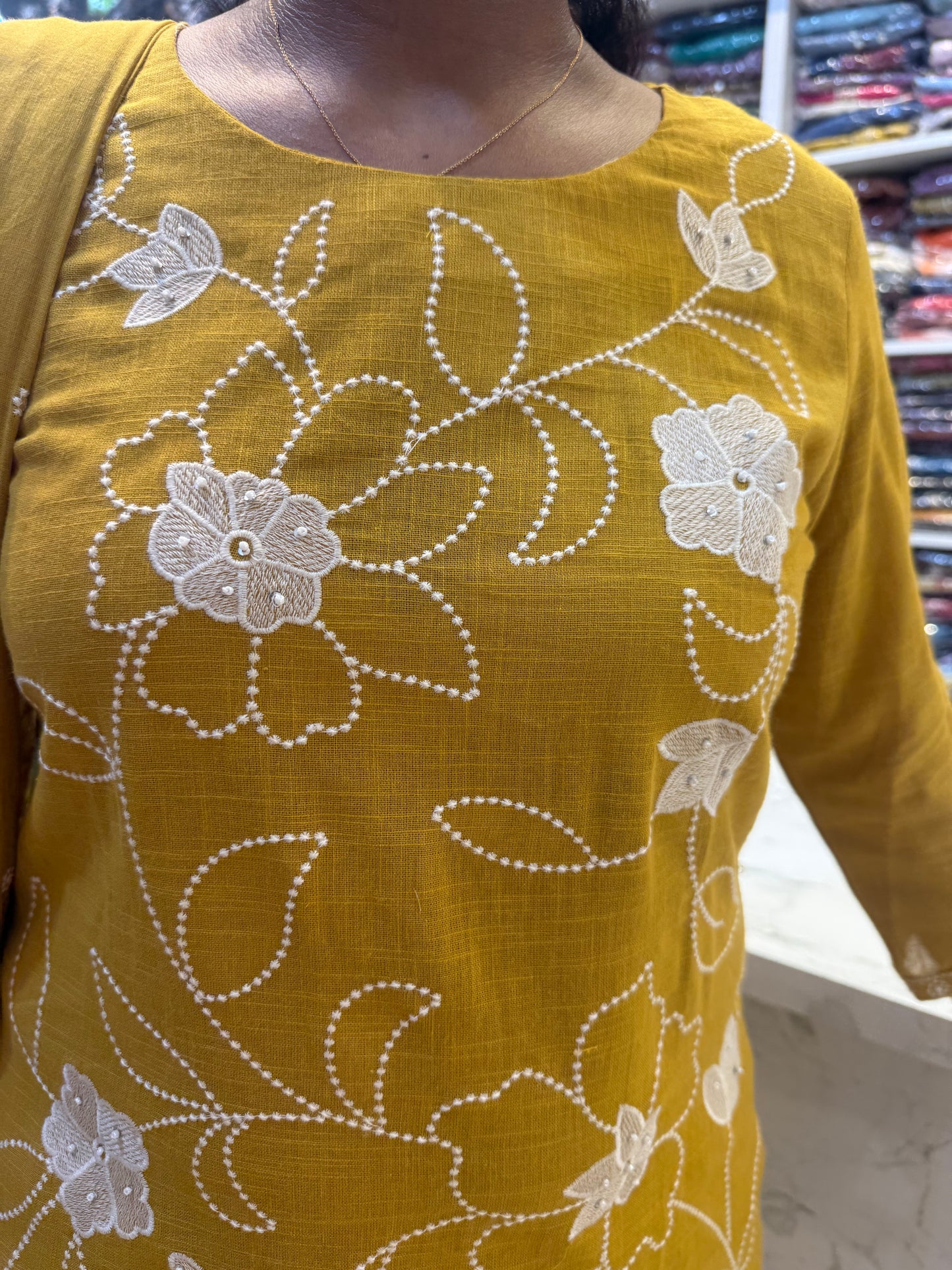 Mustard Embroidery Kurti With Pant and Dupatta