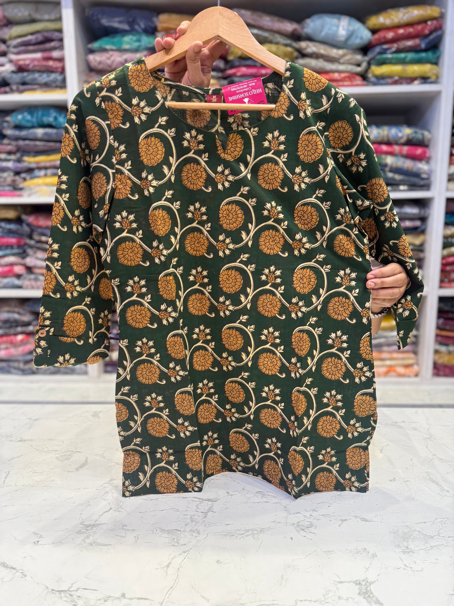 Green Printed Pure Cotton Tunics Top
