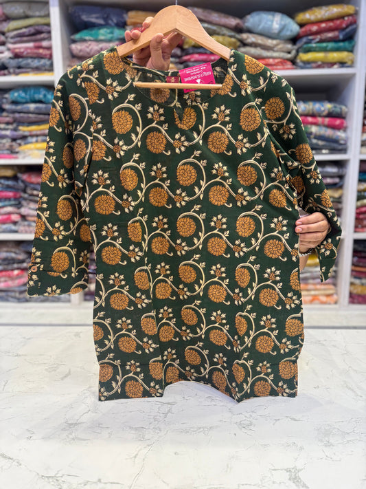 Green Printed Pure Cotton Tunics Top