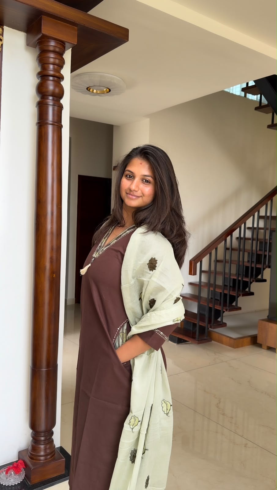 Brown Pure Cotton Kurti With Stripes Pant and Applique Dupatta -HSC1264