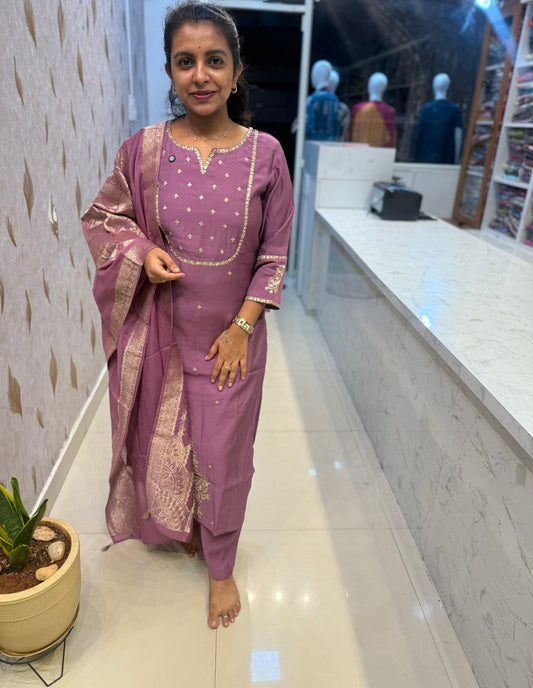 Pure Silk Back Embroidery Work Kurti With Pant and Dupatta