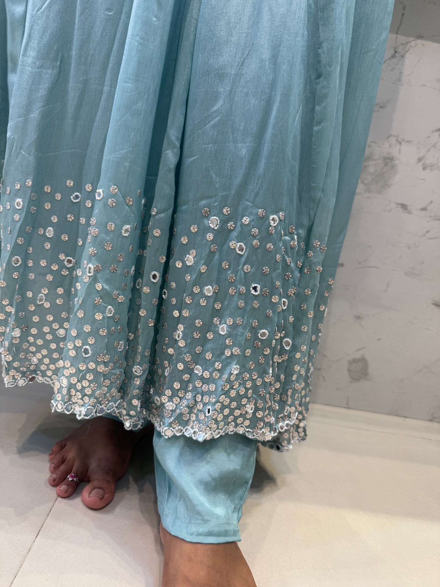 Ice Blue Pure Chinnon Anarkali with Pant and Dupatta-HSC134