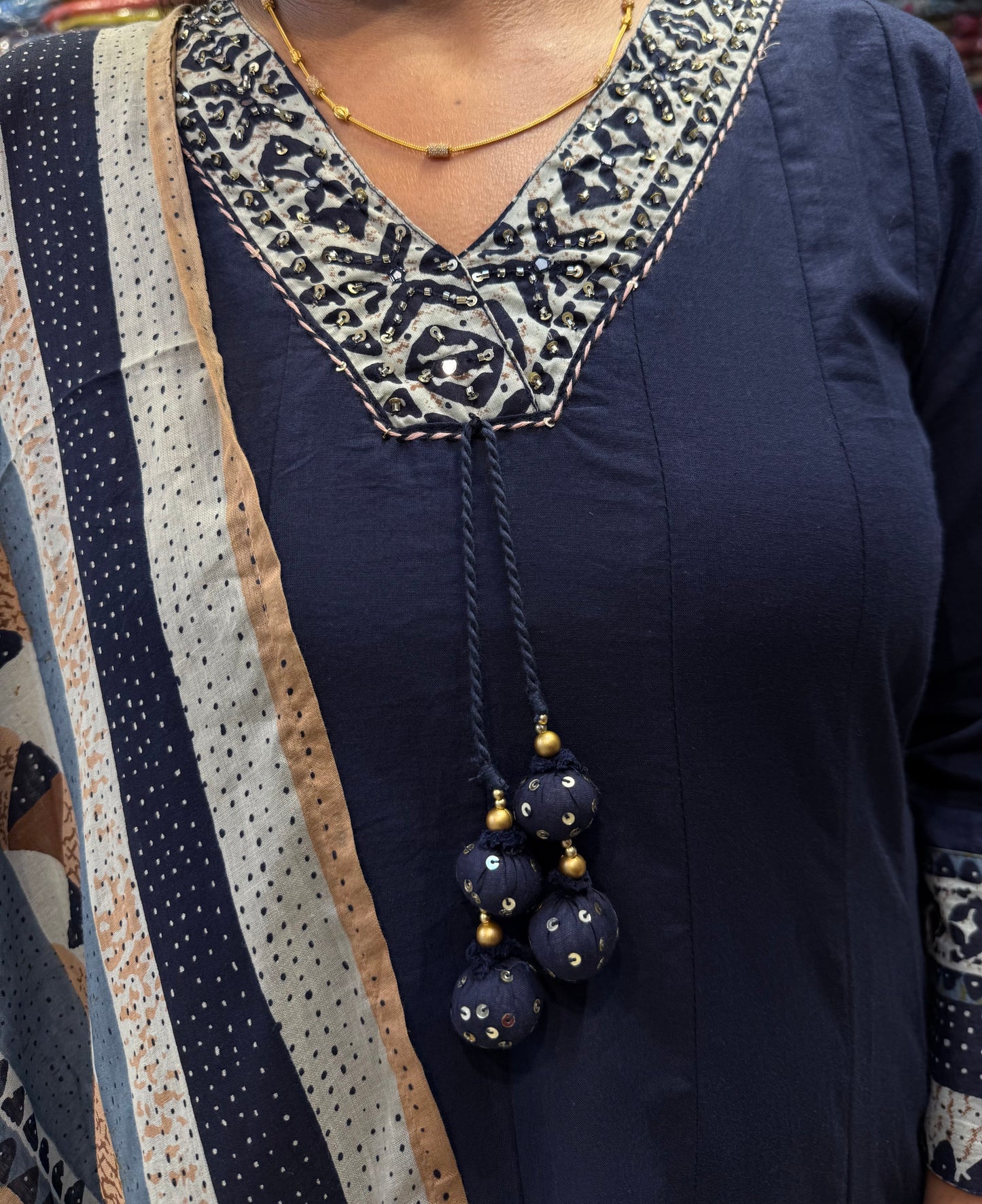 Blue Anarkali Pure Cotton A-line Kurti With Pant and Printed Dupatta-HSC129
