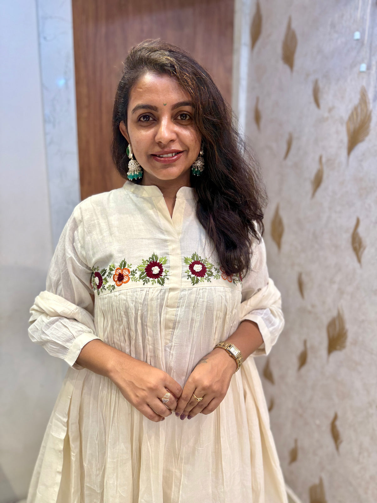 White Embroidered Pure Cotton Anarkali Kurti With Pant and Dupatta -HSC1220
