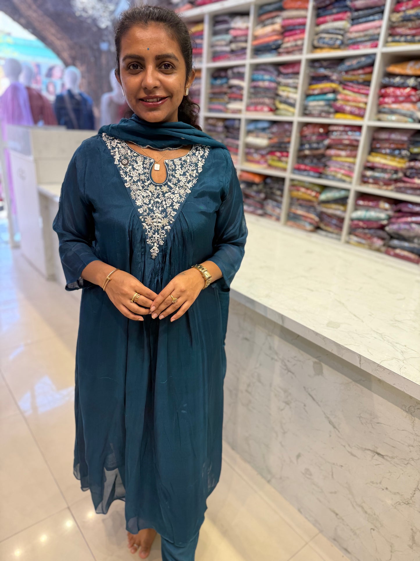 Blue Pure Chinnon A-line Kurti With pant and Dupatta
