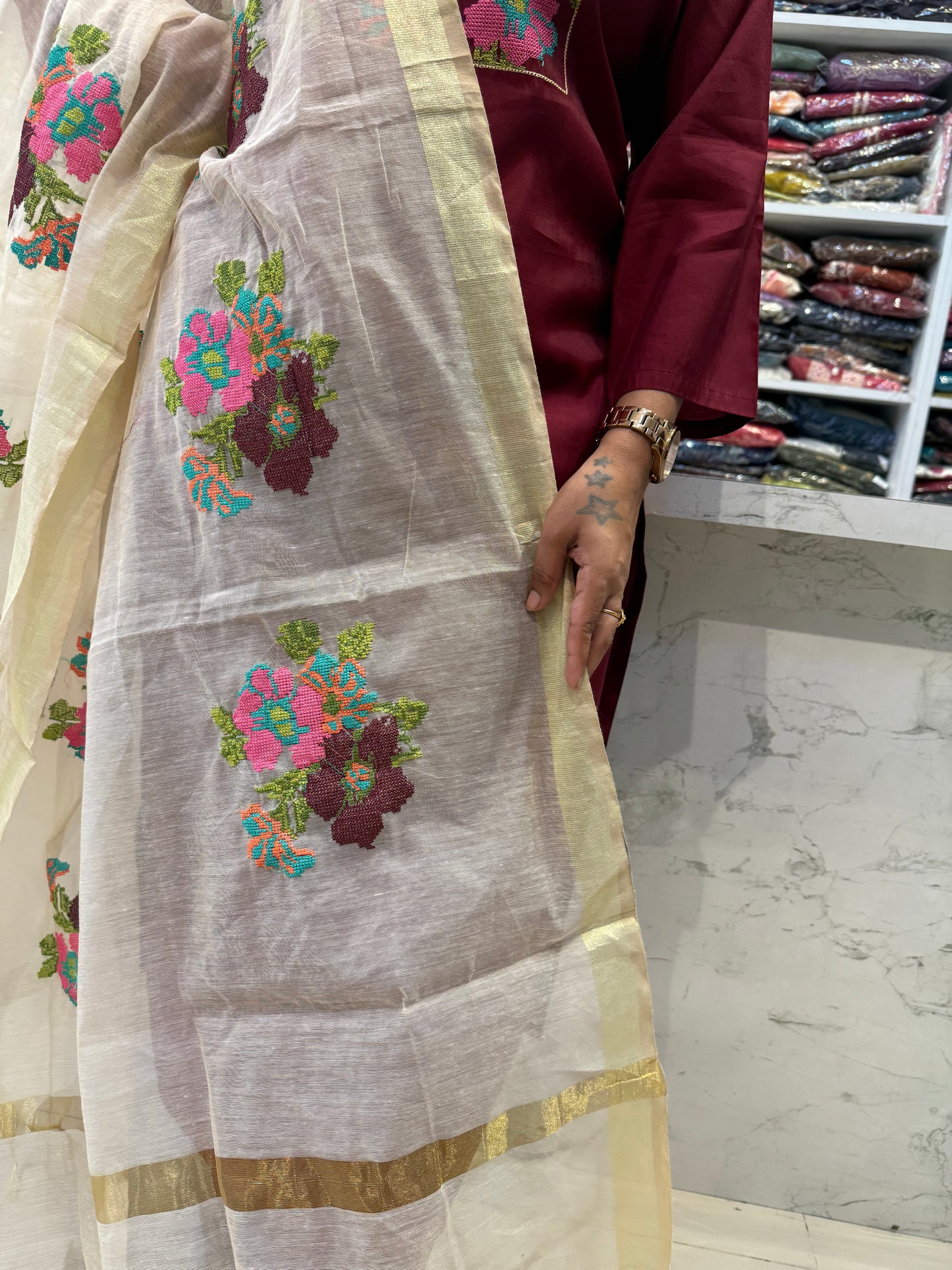 Pure Silk Crosstich work Kurti With Pant and Dupatta