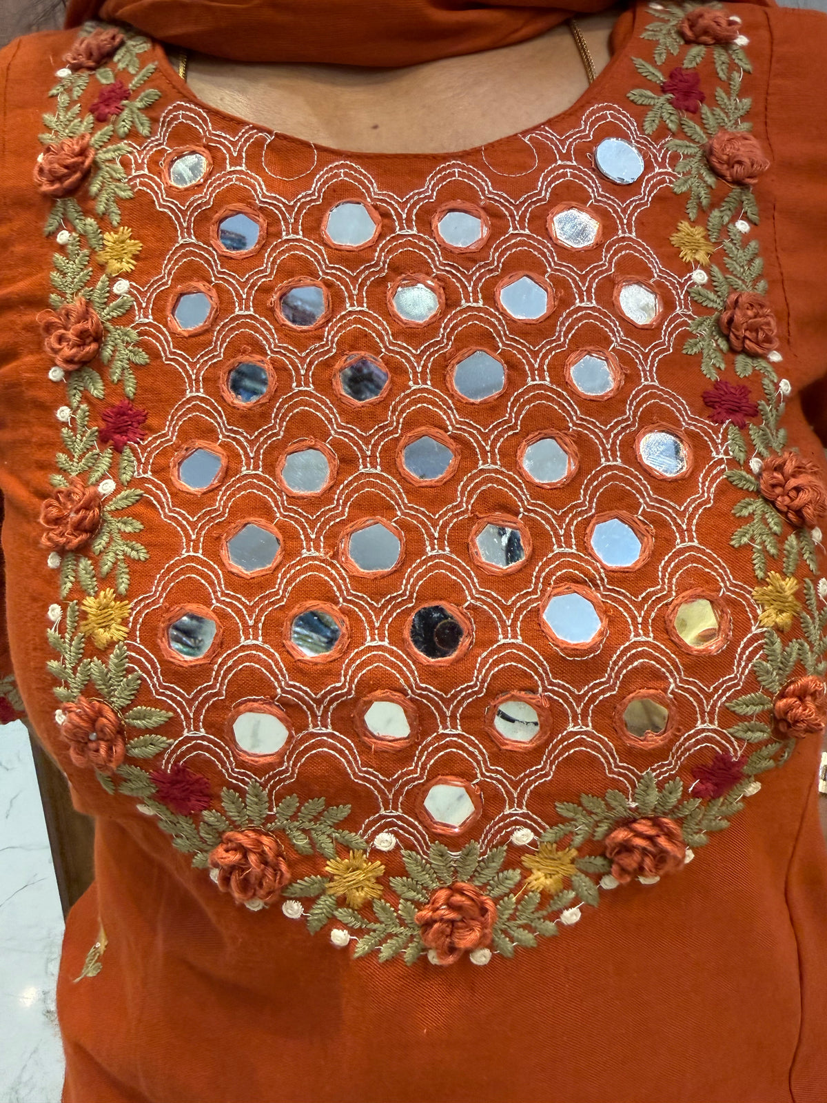 Rust Pure Cotton Embroidered Kurti with Pant and Dupatta -HSC1310