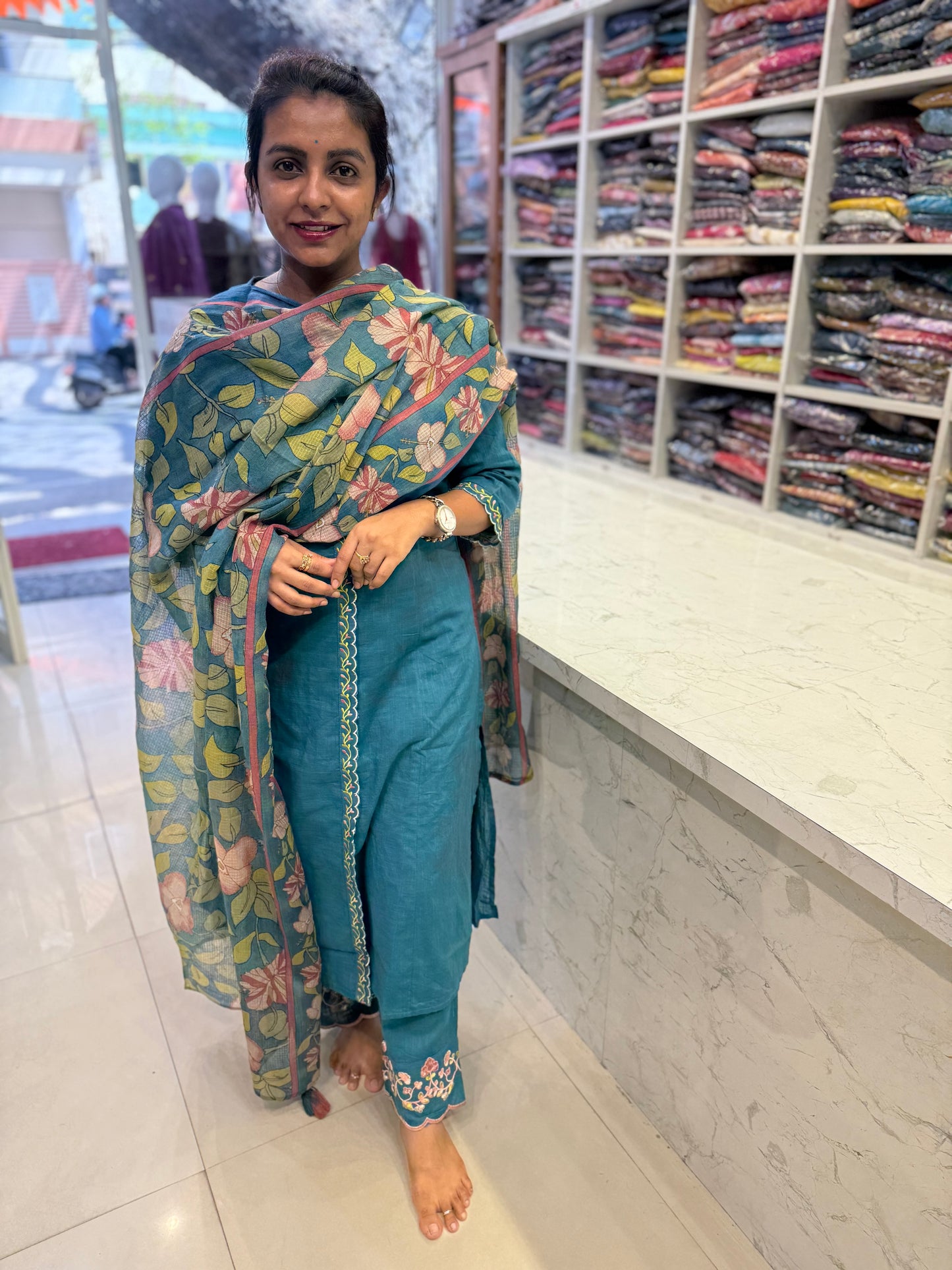 Pure Cotton Scallop cut work pant Boutique design Printed Dupatta-HSC5