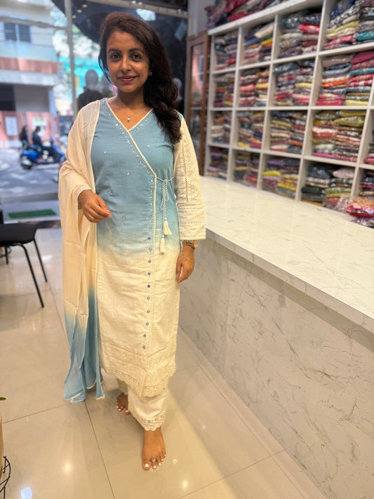 Ombre Pure Cotton Flex Lace Kurti With Pant and Dupatta-HSC194