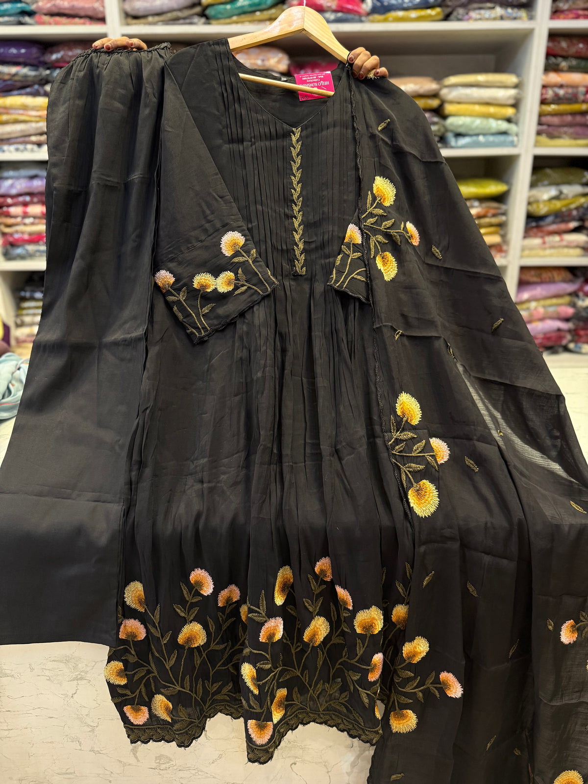 Black Embroidery A-line Kurti With Pant and Dupatta - HSC1189
