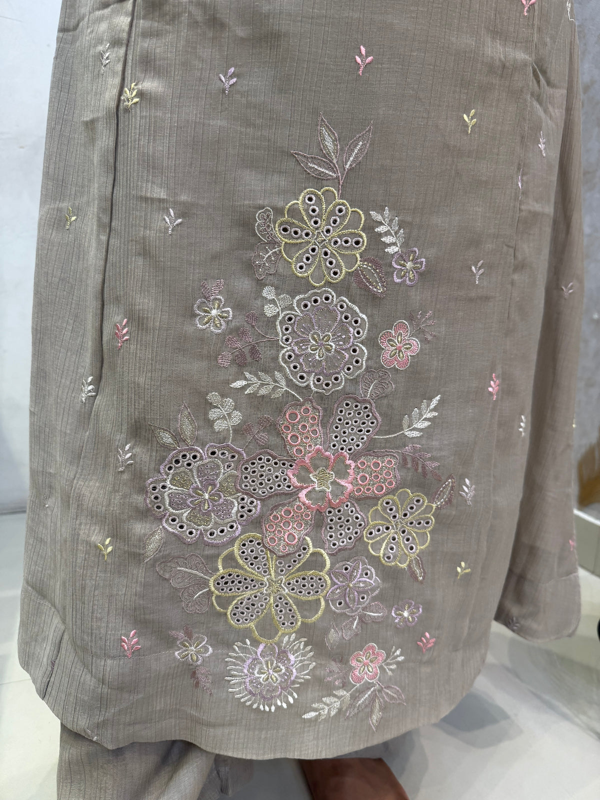 Crush Chinnon Embroidery A-line Kurti With Pant and Digital Printed Dupatta -HSC1221