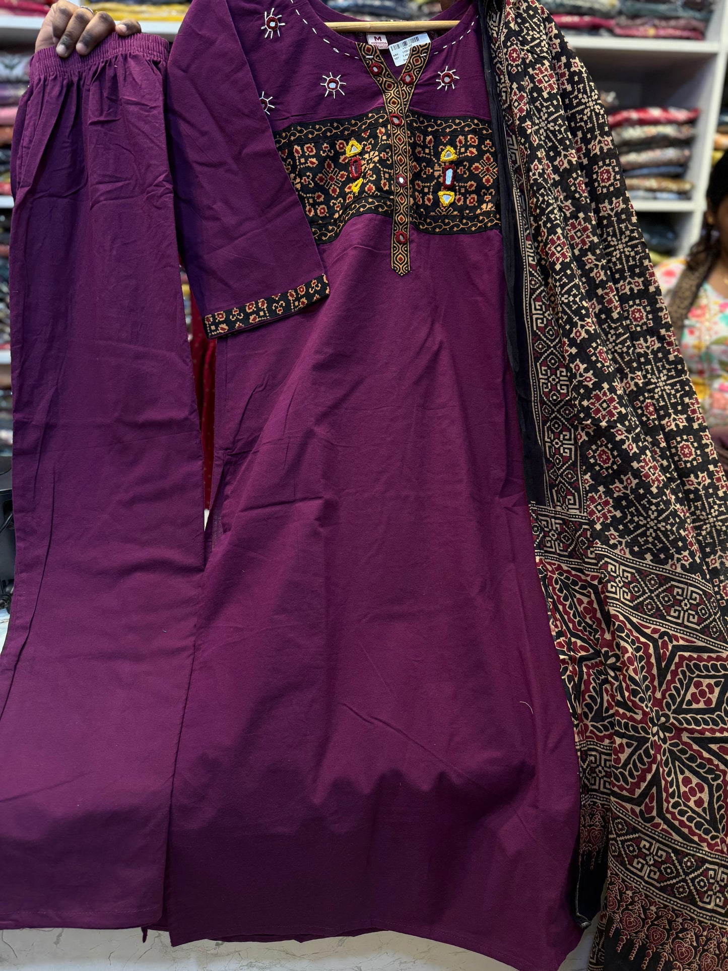 Purple Dhabu Cotton Patch Work Kurti With Pant and Black Constrast Dupatta-HSC98