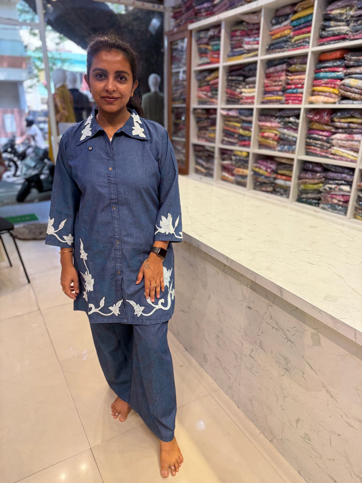Denim Applique Embroidered Co-ords Set-HSC85