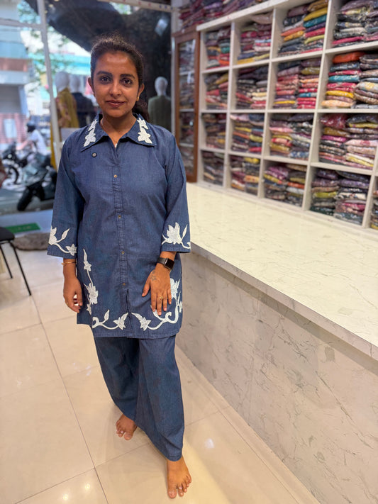 Denim Applique Embroidered Co-ords Set-HSC85