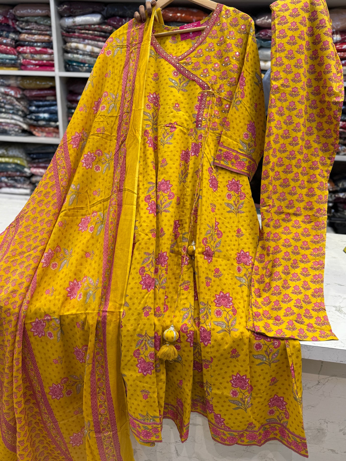Anarkali Yellow with Pink Pure Cotton Kurti With Pant and Dupatta