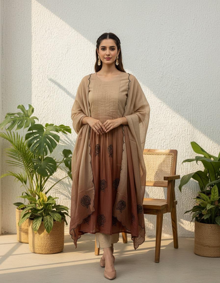 Ombre Brown Pure Mul Chanderi A-line Kurti With Pant and Dupatta