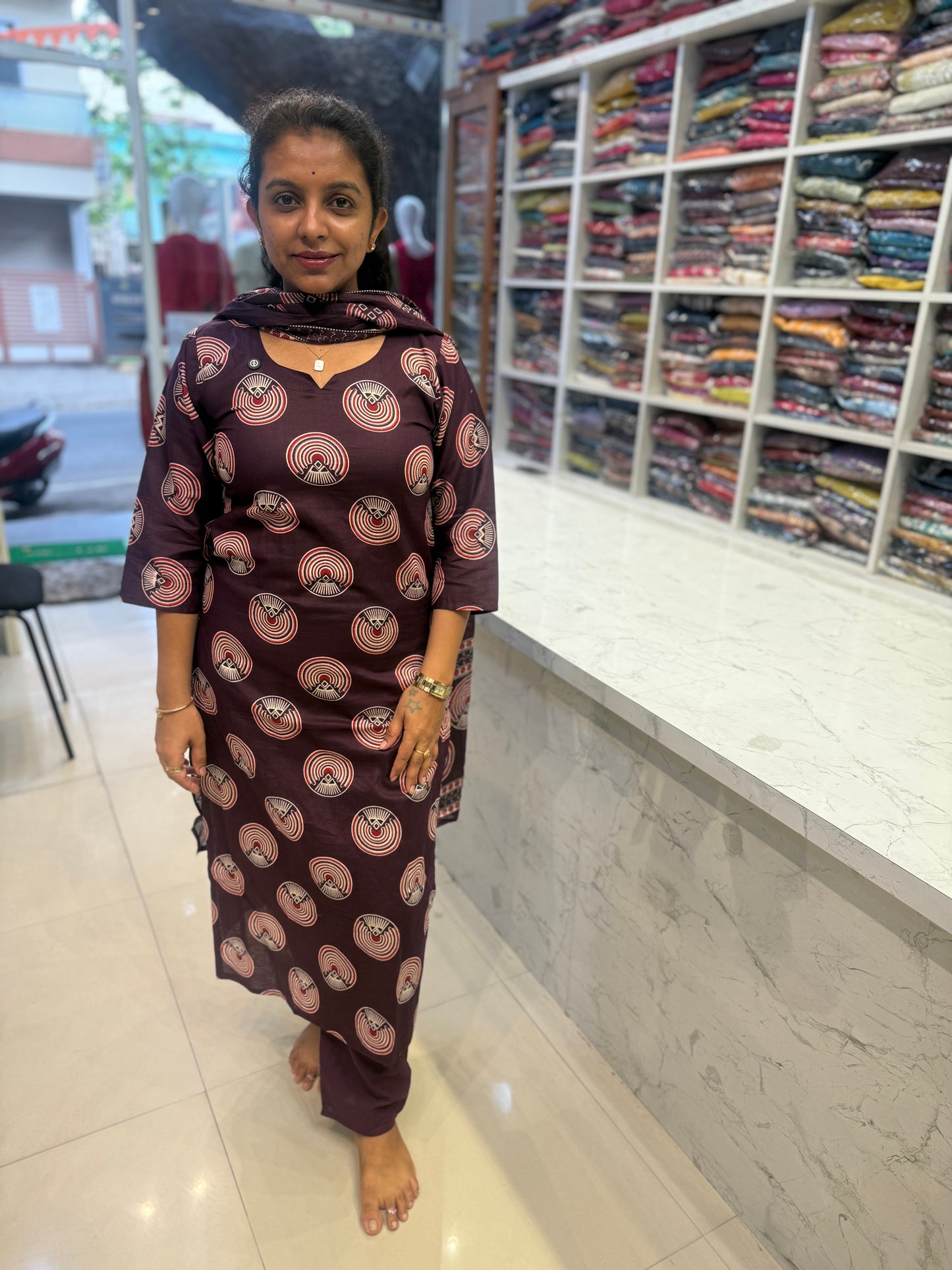 Deep Plum Printed Cotton Kurti With pant and Dupatta-HSC23