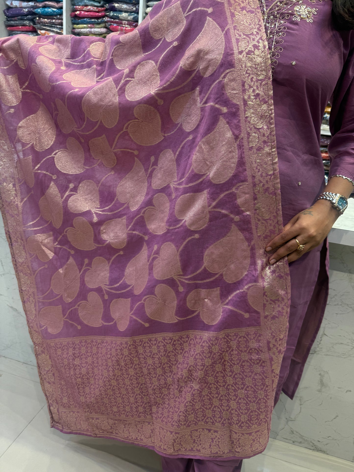 Lavender Roman Silk Party wear Kurti With Pant and Dupatta
