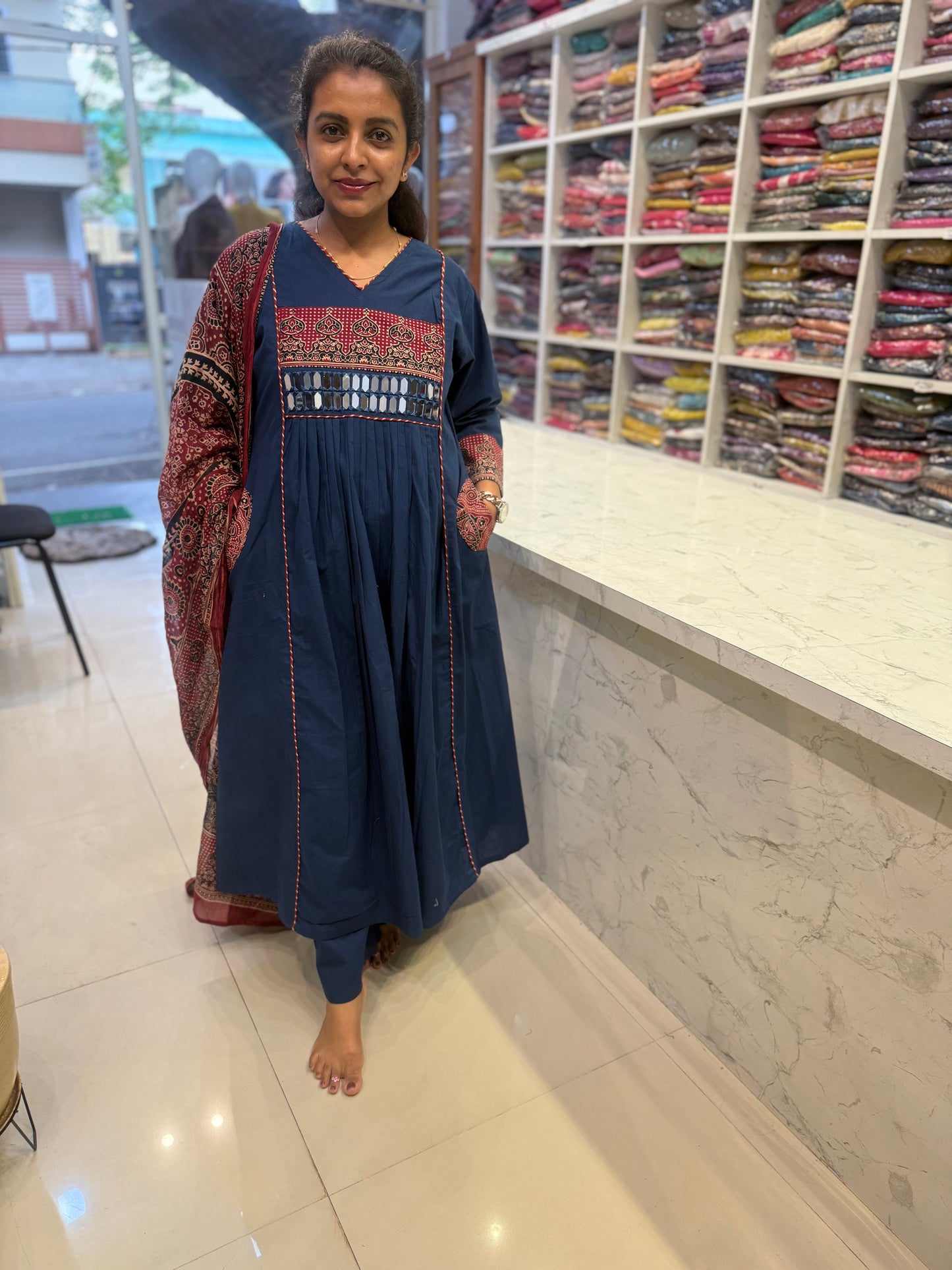 Navy Blue Pure Cotton Mirror Embroidery Kurti With Pant and Printed Brown Dupatta-HSC139