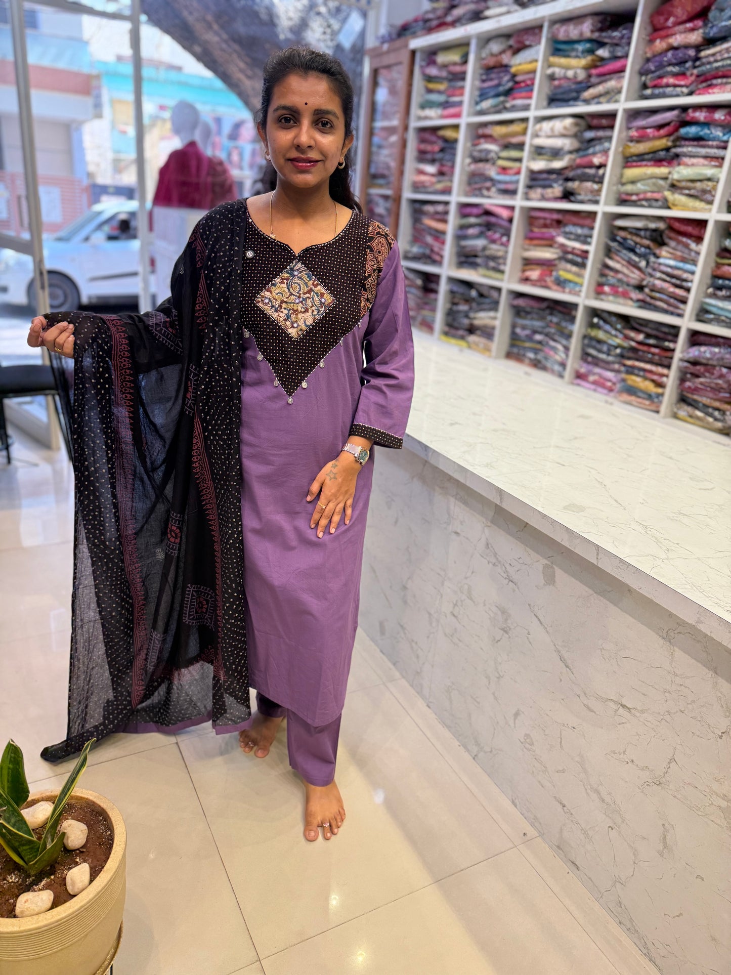 Deep Lavender with Black Cotton Kurti With Pant and Dupatta