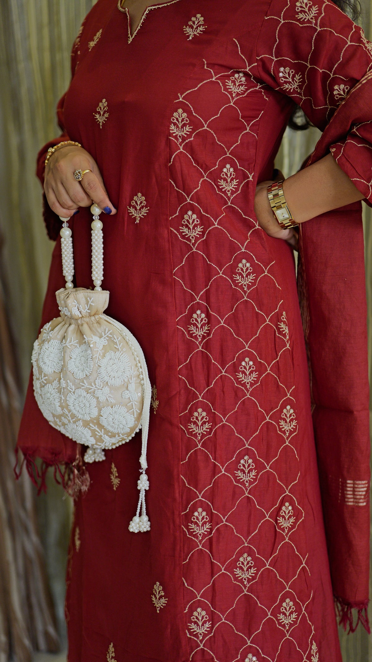 Red Pure Silk Kurti With Pant and Dupatta -HSC1255