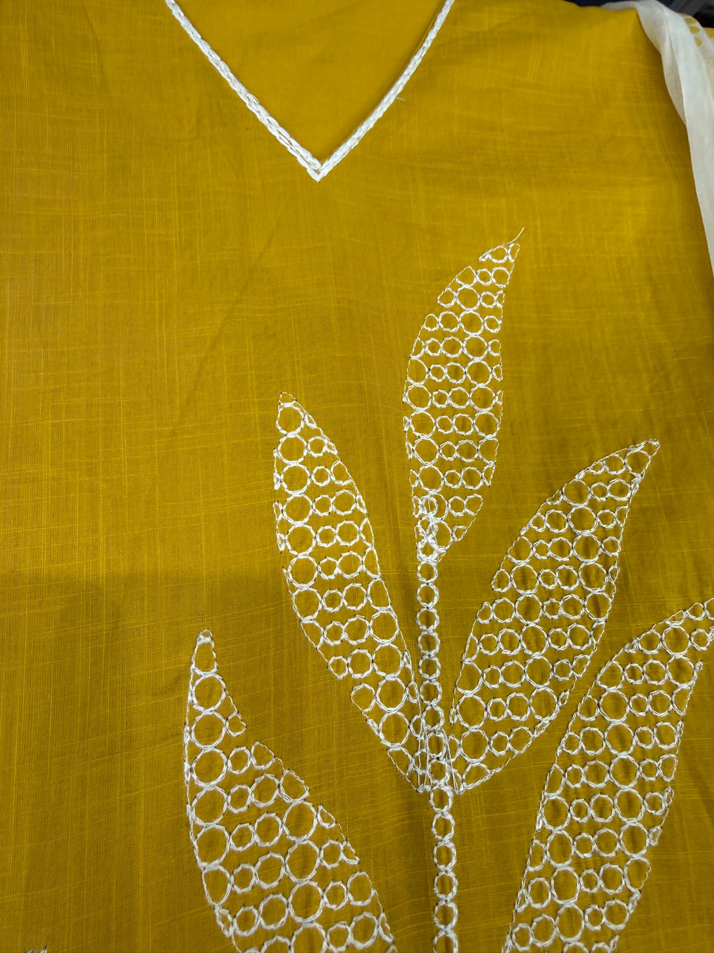 Yellow Pure Cotton Kurti With Pant and White Dupatta