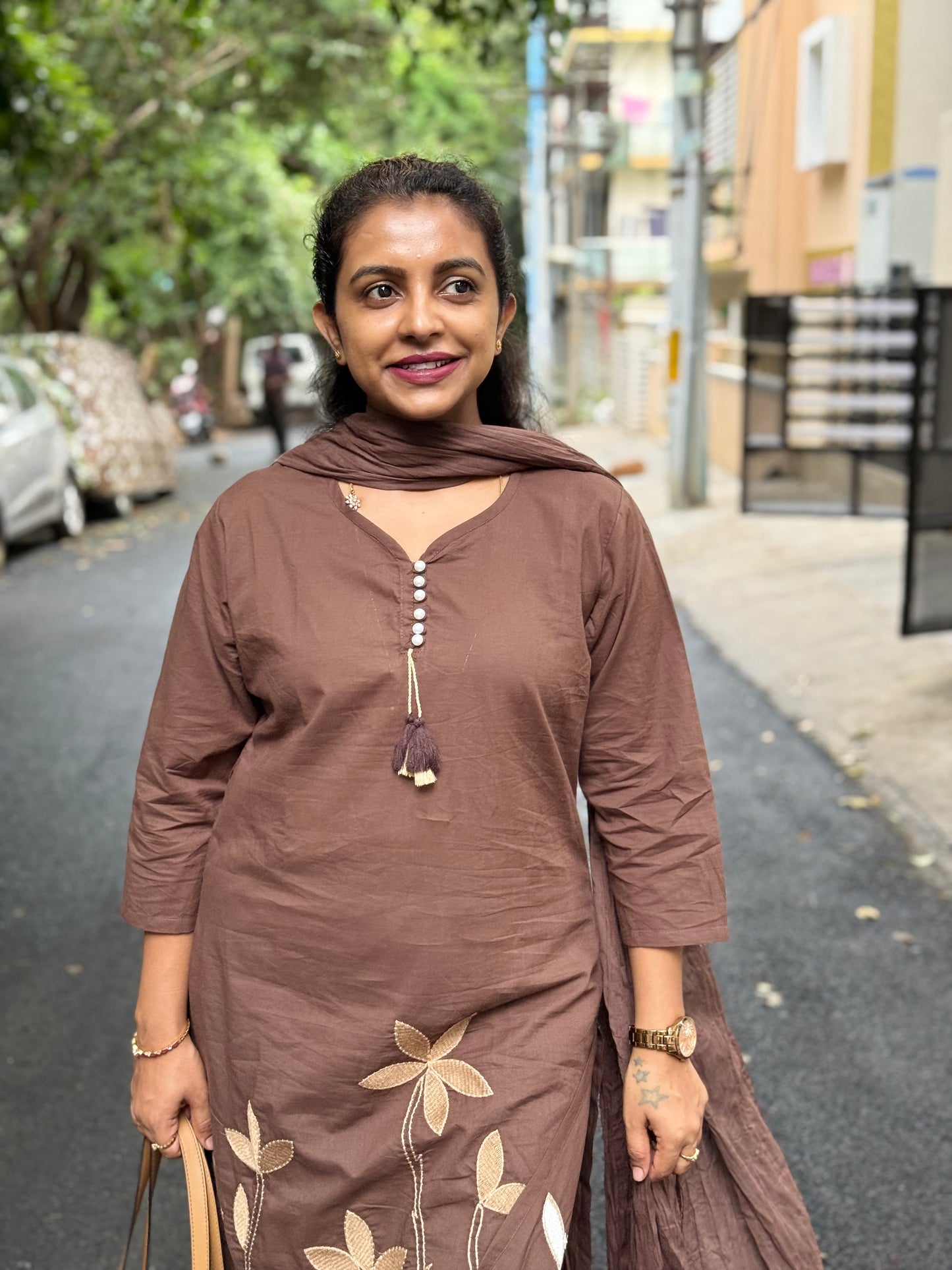 Brown Pure Cotton Embroidered Kurti With Pant and Dupatta -HSC1172