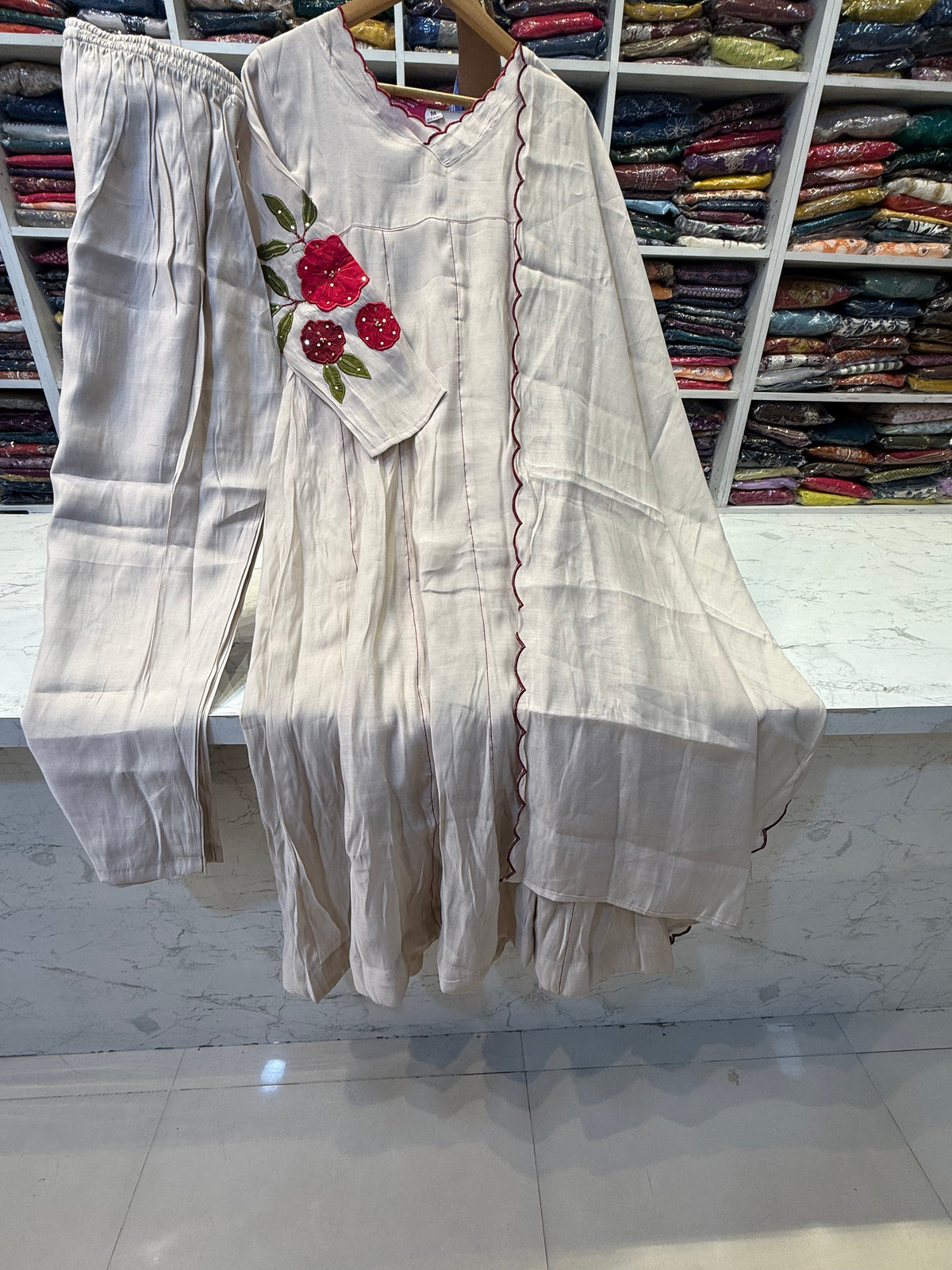 Half white  Embroidery A-line Kurti With Pant and Scallop Dupatta -HSC1204