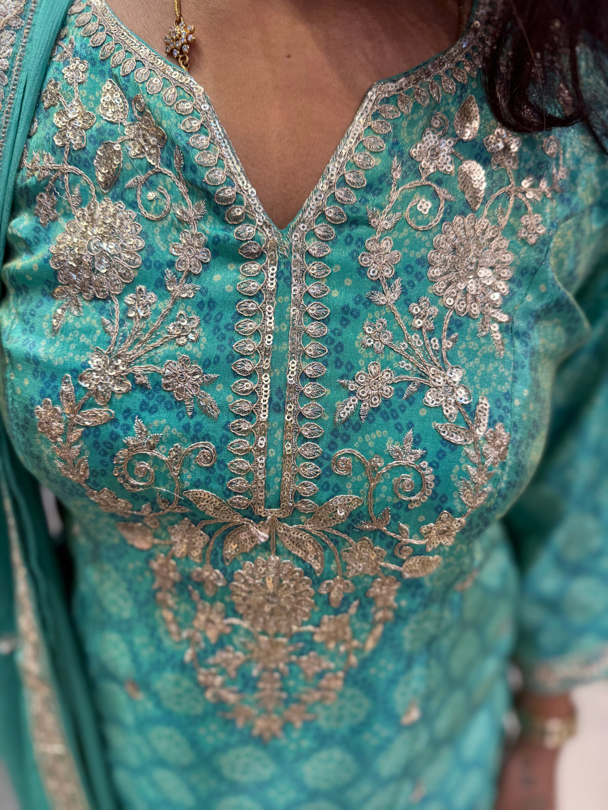 Green Pure Chiffon Embroidery Kurti With sharara Pant and Dupatta -HSC1238