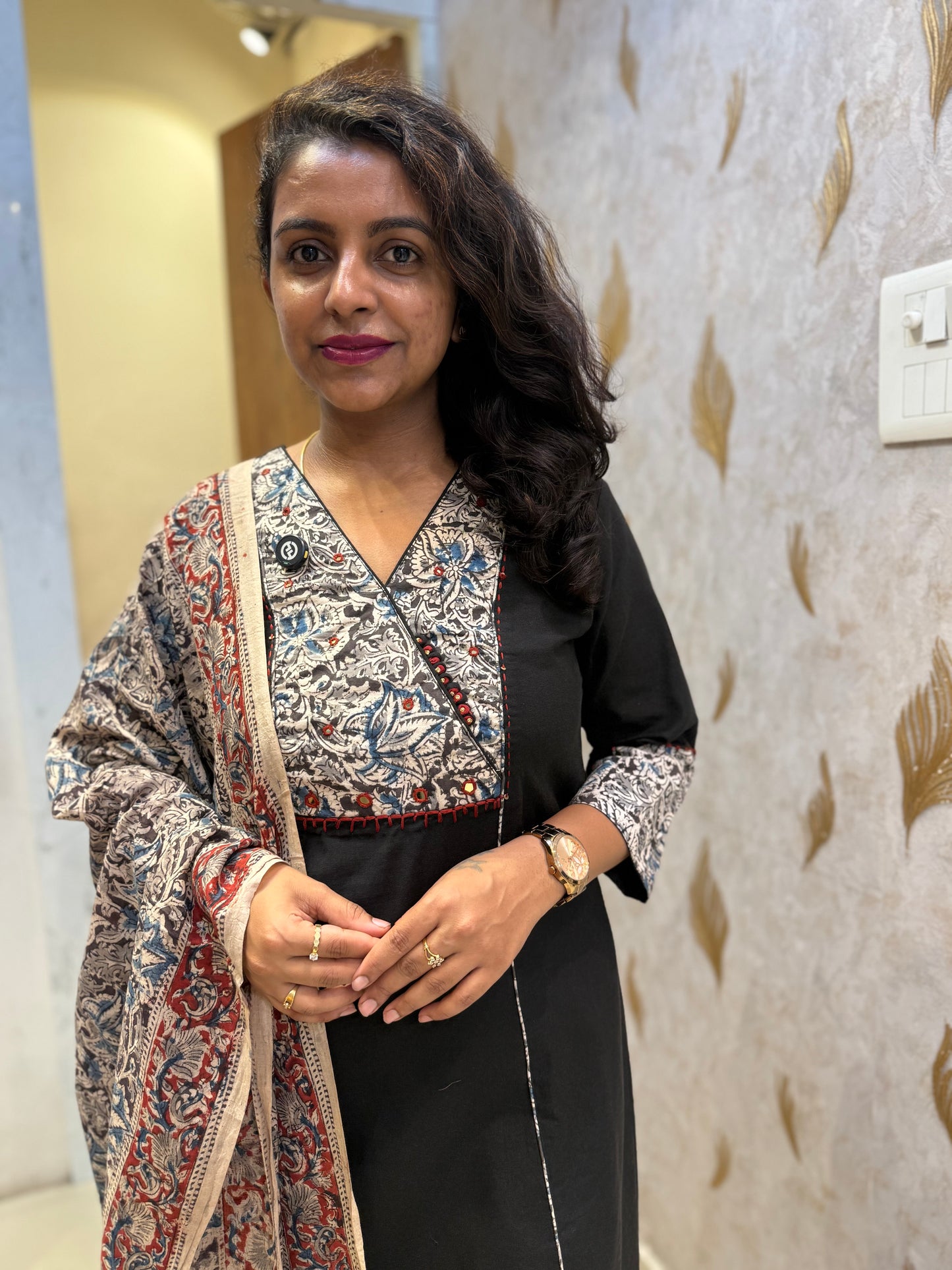 Black Kalamkari Pure Cotton Kurti With Pant and Dupatta - HSC1156