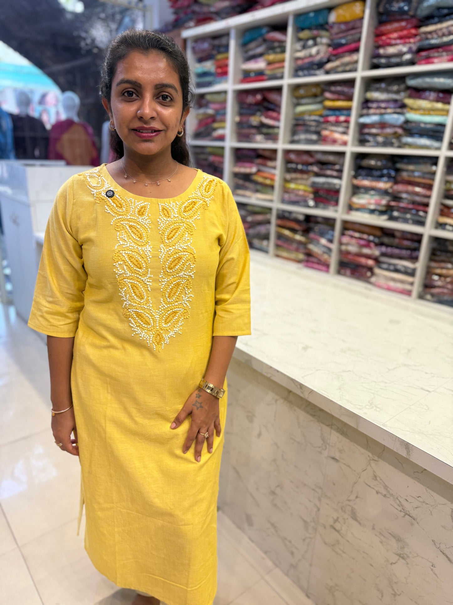 Thread Embroidery Knot Work Cotton Kurti With Pant