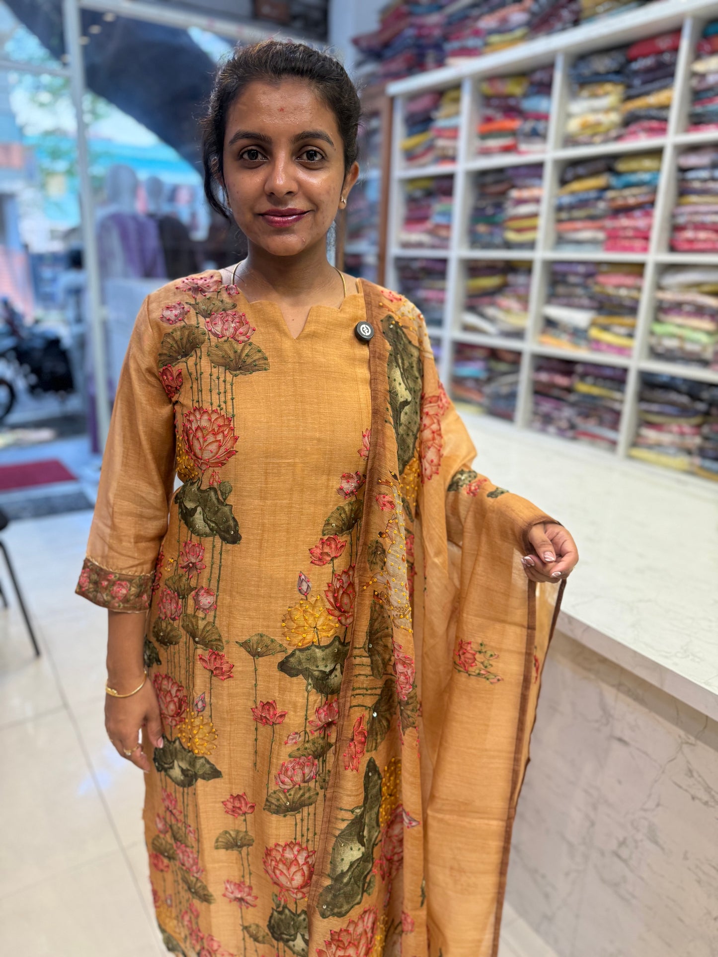 Pure Linen Lotus Knot Work Kurti With Pant and Dupatta-HSC112