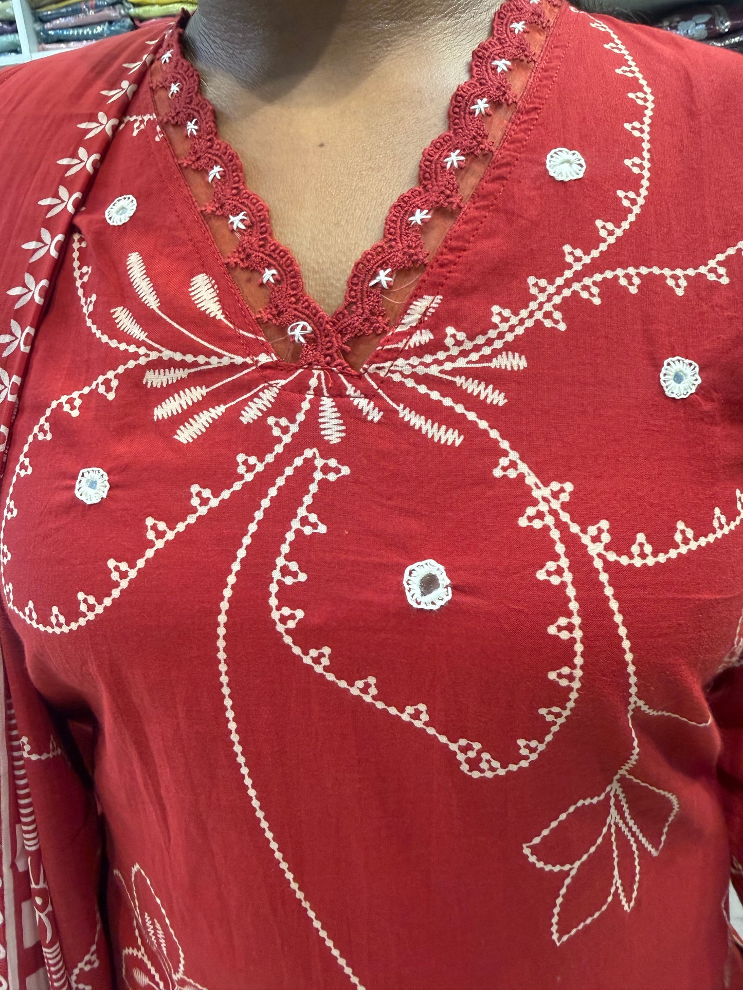Red Floral Printed Pure Cotton Kurti With Pant and Dupatta-HSC122