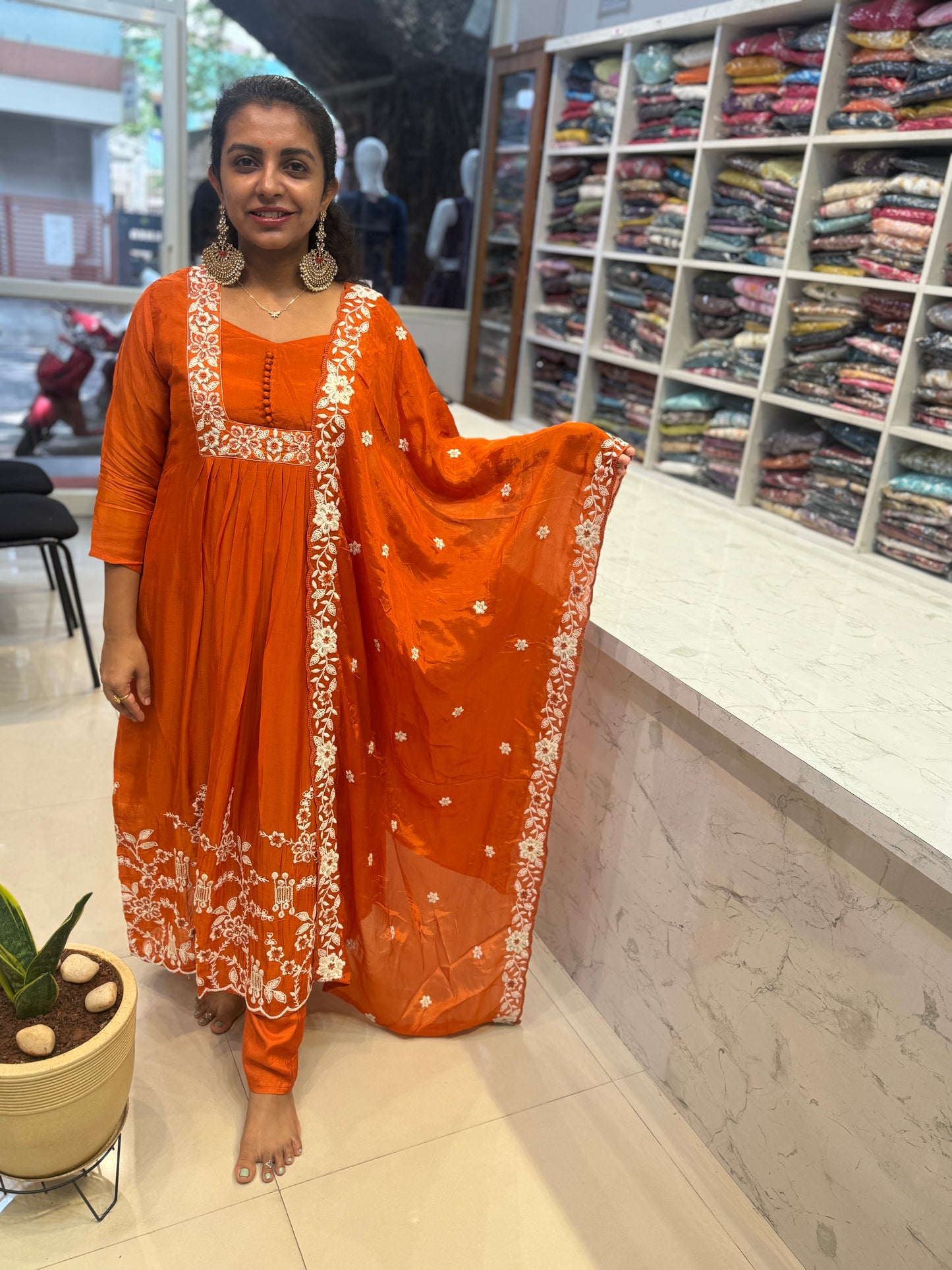Orange Pure Chinnon Kurti With Pant and Dupatta