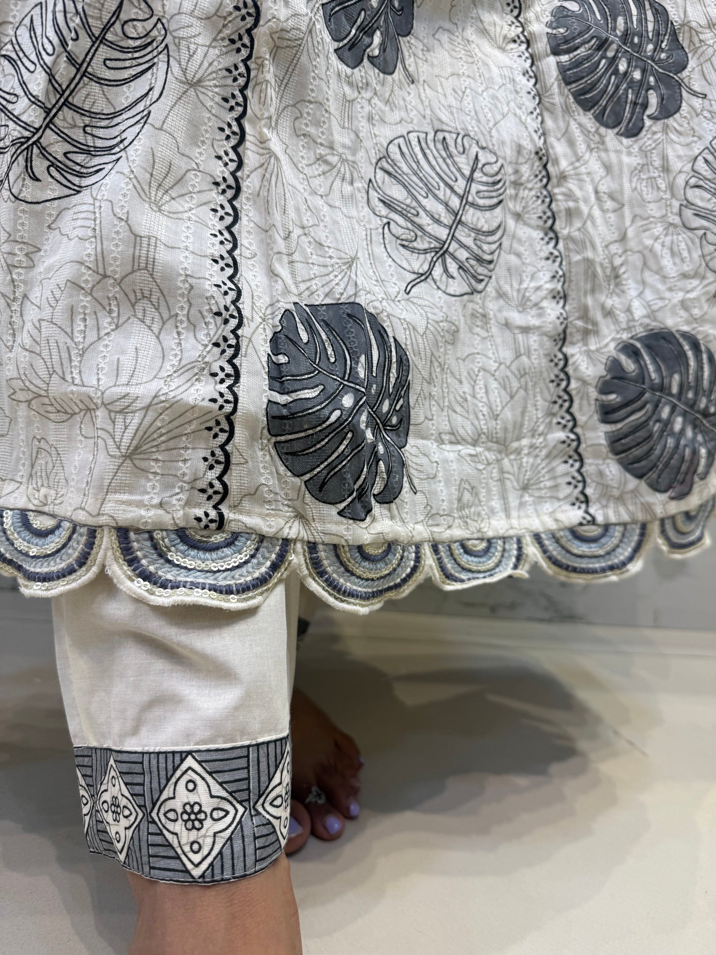 Pure Cotton Half White Hand Work Embroidery Kurti With Pant and Dupatta